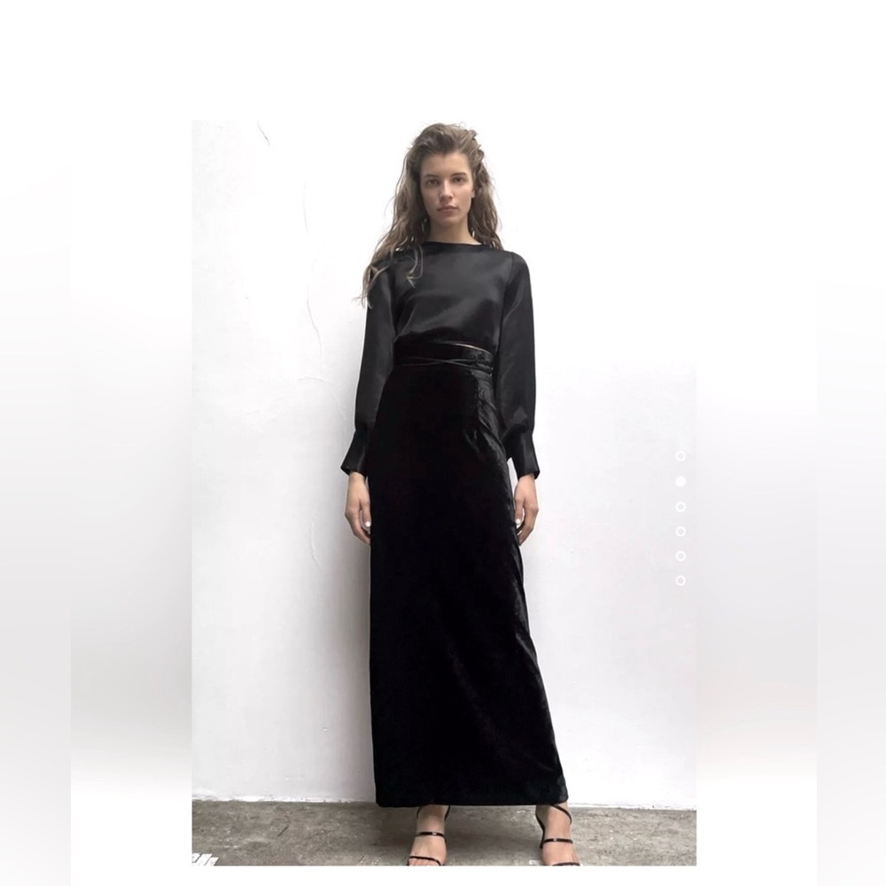 ZARA Black Crushed Velvet High-Waist Maxi Skirt w/ Back Slit